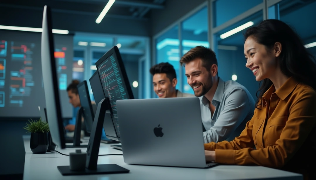 Diverse professionals collaborating in tech environment