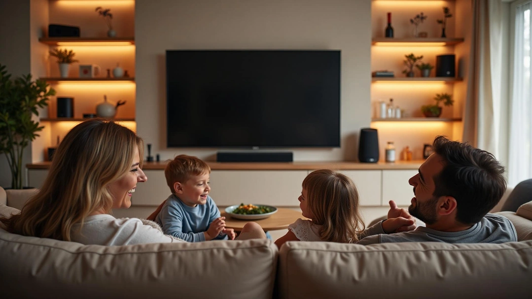 A family enjoying time together in a cozy, tech-enabled living room